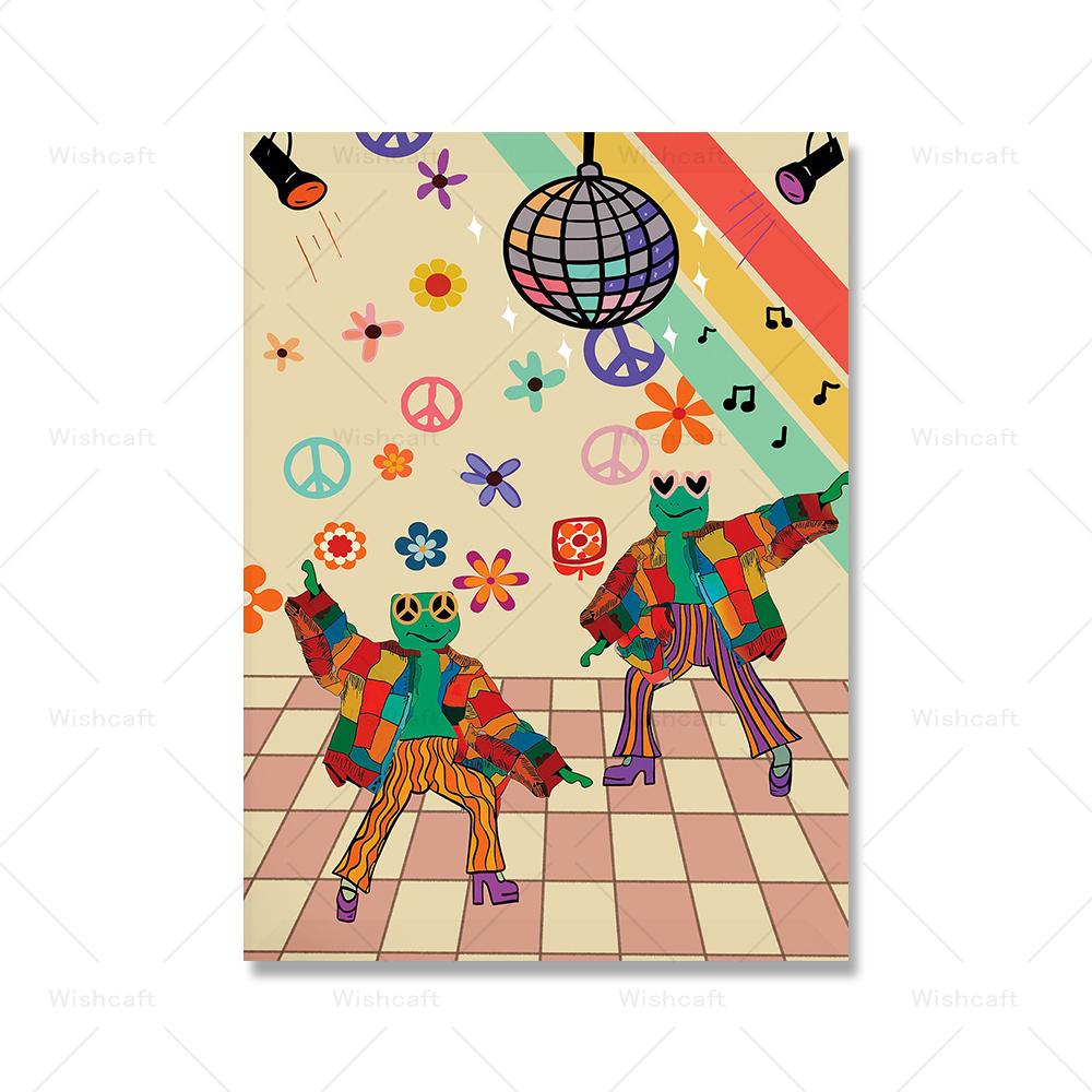 Frog Disco Funny Aesthetic Poster Pictures Retro 70s Groovy Hippie Ball Dancing Frogs Vintage Trippy Home Decor Wall Art Prints