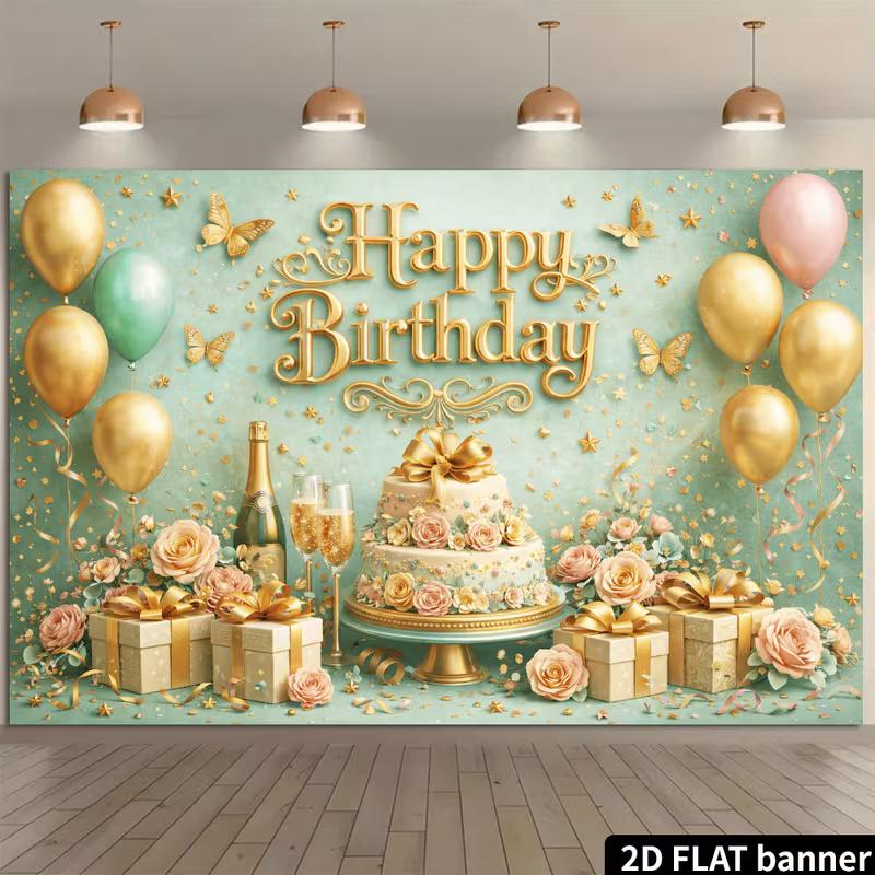2D Gold Letter Happy Birthday Backdrop Banner Green Floral Party Background