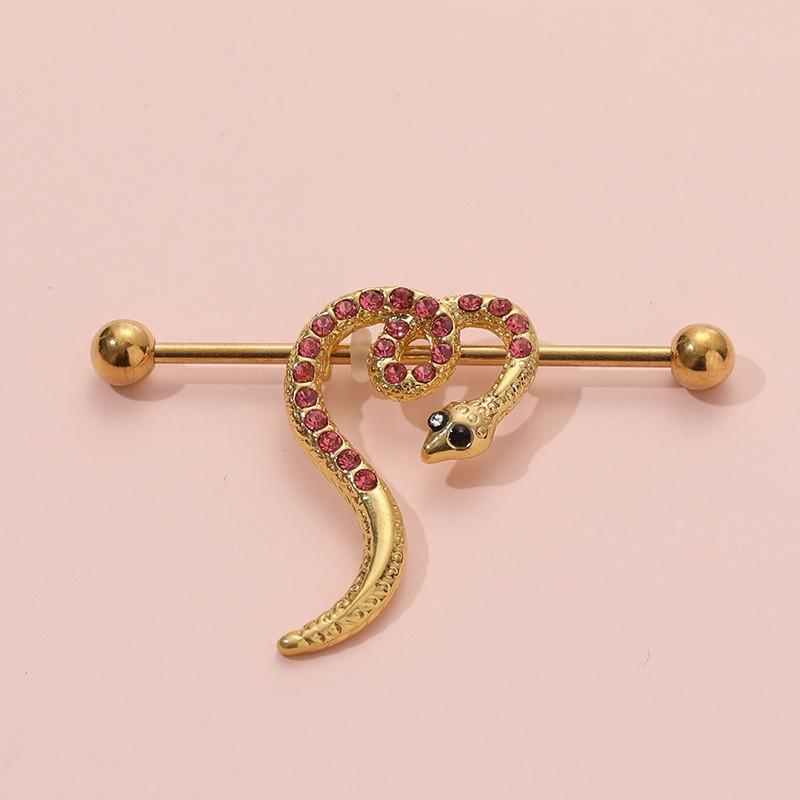 Stainless Steel Long Ear Bridge Piercing Jewelry With Small Gold Snake Bee Double Holes
