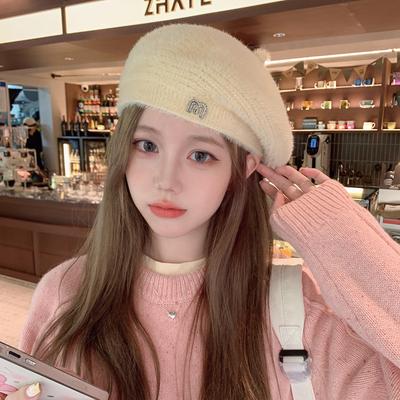 Korean Version of Autumn and Winter Hat for Women Japanese Beret Solid Color Knitted Wool Hat Winter Beret Hat Warm Painter Hat Thick Hat