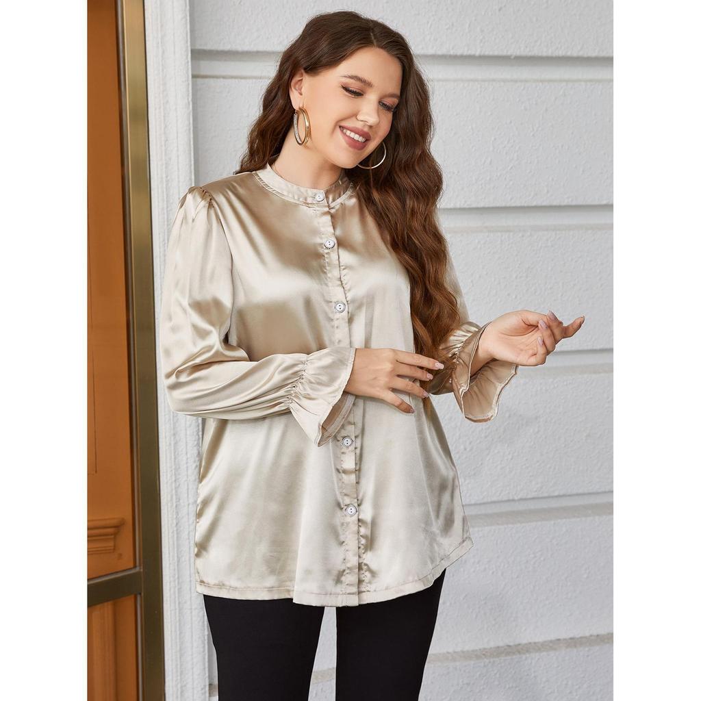 Plus Size Women’s Satin Long Sleeve Top - European & American Style