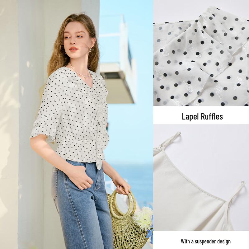 Women's French Style Ruffle Polka Dot Blouse