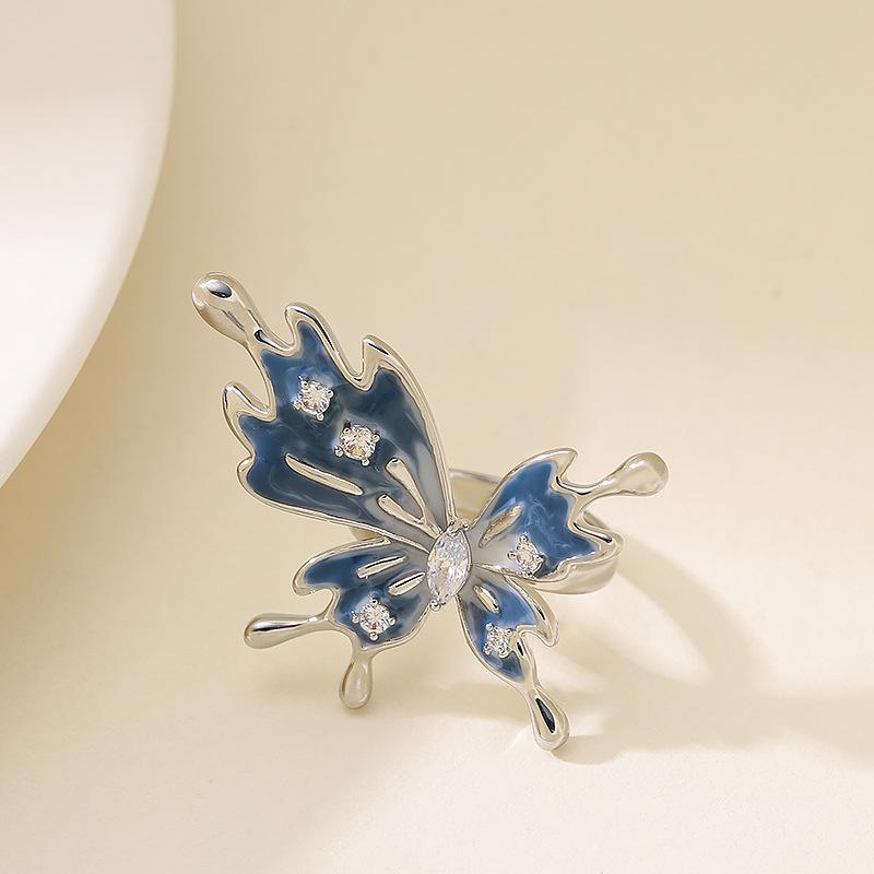 

French elegant personality small fragrant wind enamel drop glaze diamond butterfly ring niche high-end exaggerated fashionable jewelry Adjustable opening