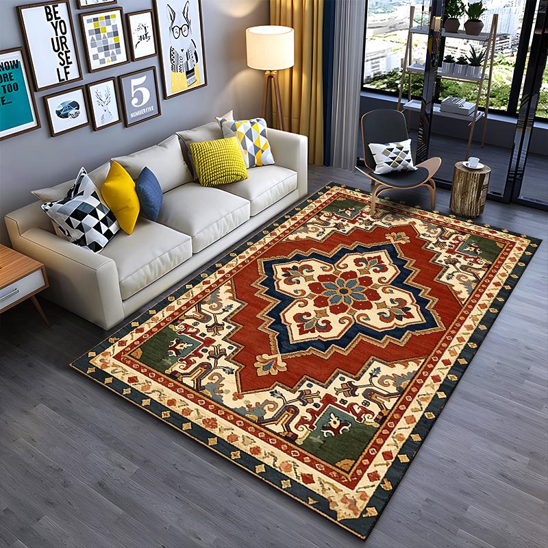 Vintage Bohemian Area Rug with Red Geometric Floral Pattern Design Suitable for Use As an Anti-slip for Living Room Bedroom Sofas