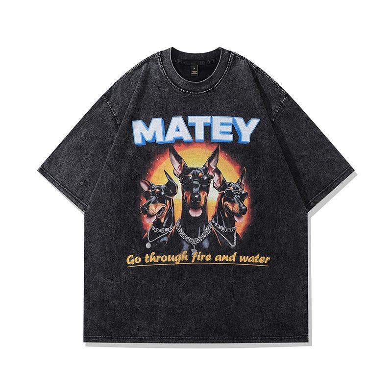 T-shirt a manica corta lavata effetto invecchiato con stampa Doberman, Direct Spray, High Street, Brand Trendy Retro Americano, Maglietta a mezza manica da uomo e da donna