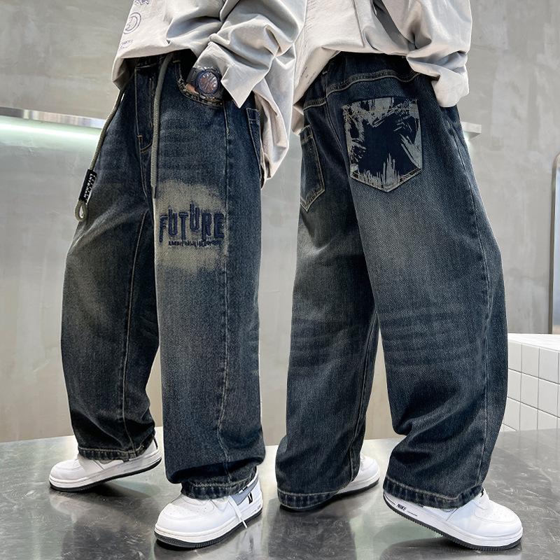 Boys' Fleece-Lined Casual Jeans - Autumn/Winter 2025 Trendy Style for Middle and Big Kids