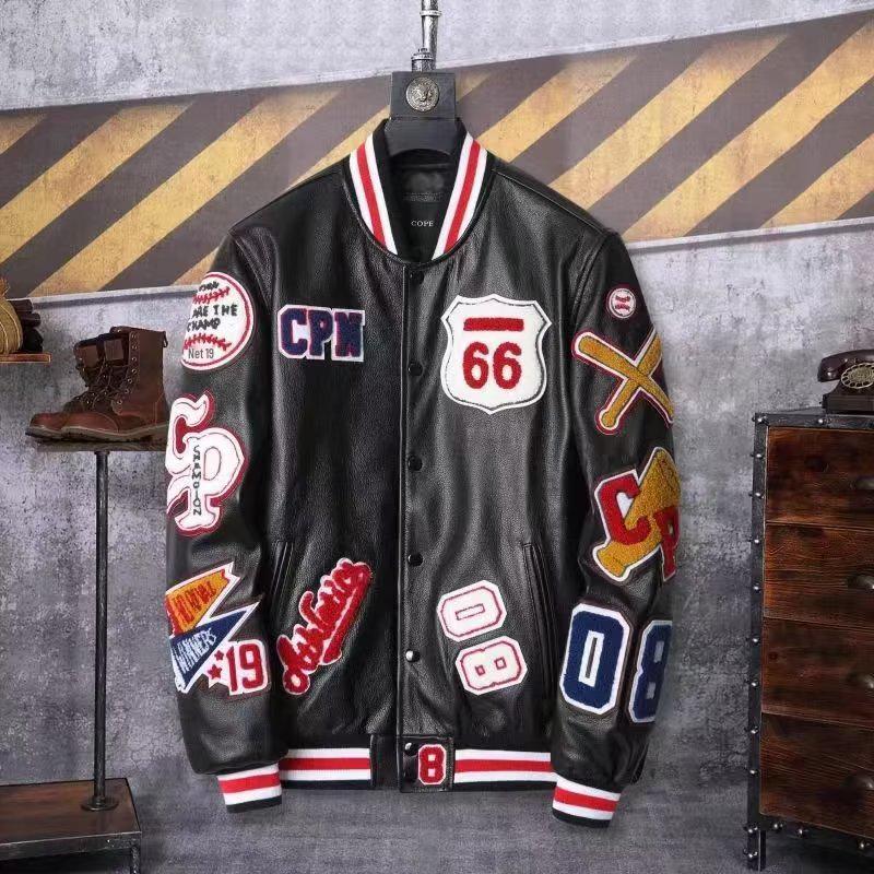 Unisex Multi-Logo Embroidered Leather Baseball Jacket - Autumn/Winter Loose Fit Single-Breasted Outerwear