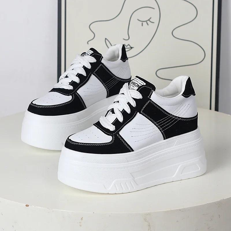 Fashion 12CM Synthetic Women Stable High Platform Chunky Sneakers Fashion Spring Autumn Vulcanize Cow Genuine Leather Lace Up Shoes
