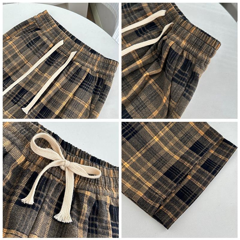 Thickened Plaid Pants Women's Fleece Pants Autumn and Winter High Waist Loose Lace-up Trousers Retro Casual Wide-leg Trousers