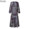 ZANZEA Women Retro Print Loose Casual Round Neck Long Sleeve Dress