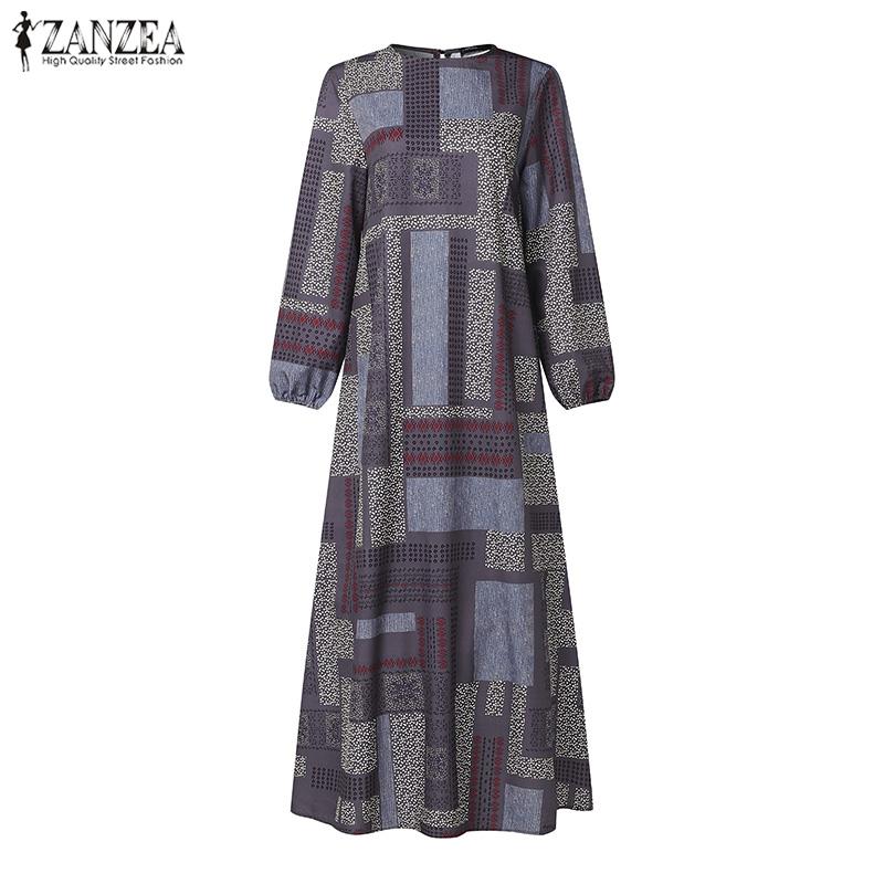ZANZEA Women Retro Print Loose Casual Round Neck Long Sleeve Dress