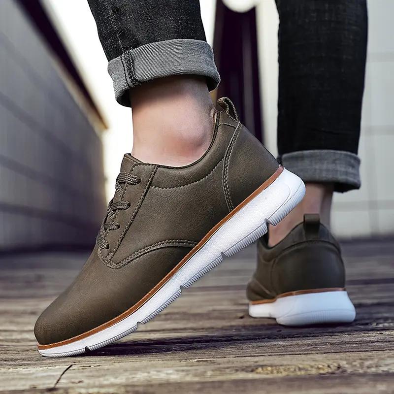 Fashion Size 48 Men Sneakers Brown Leather Business Casual Shoes Low-top Lace-up Soft-soled Driving Shoes Summer Thick-soled Vulcanized