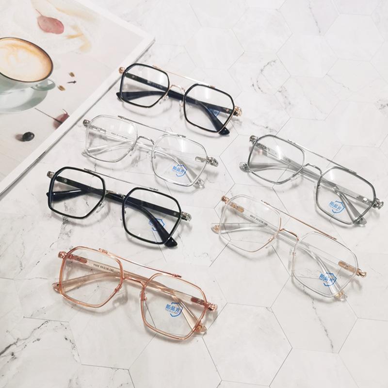 Anti-Blue Glasses Transparent Frame Retro Double Beam Pilot Flat Light Eye Frame Can Be Equipped With Degree Women'S Myopia Glasses