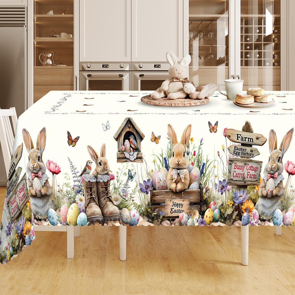 1pc Easter Bunny & Egg Tablecloth, Wrinkle-Resistant, Machine Washable, Scalloped Edge, Animal Print, Rectangle for Home, Picnic
