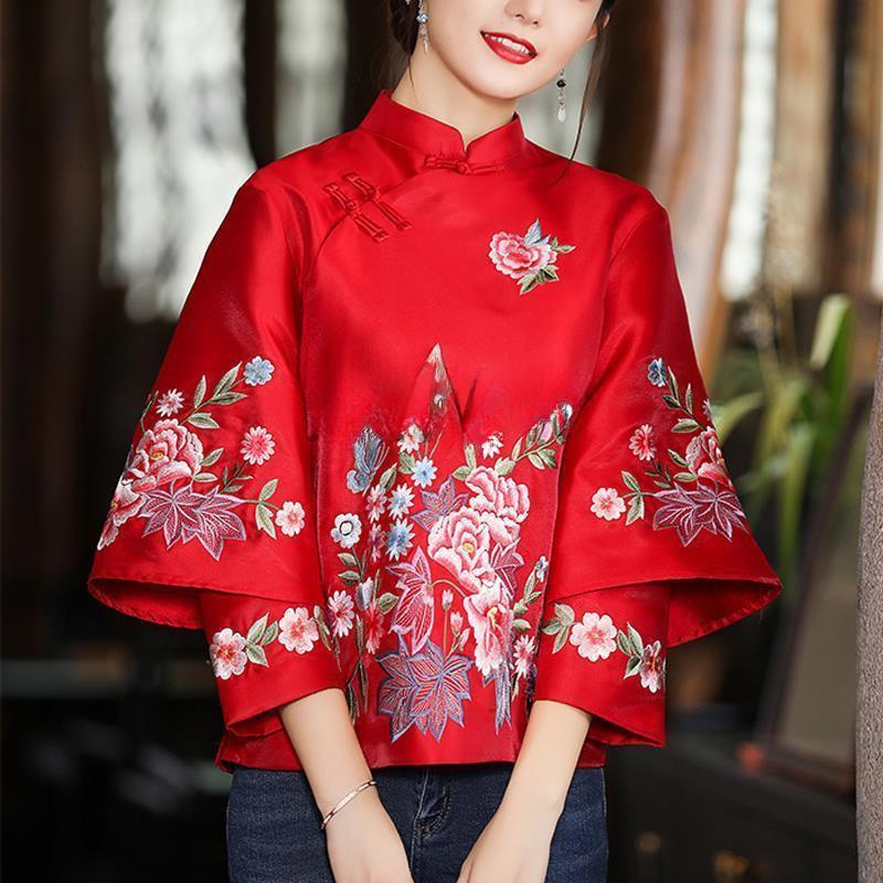 

Китайские топы женские блузки элегантные свободные женские рубашки осенний этнический стиль Тан костюм пальто винтажная вышивка Харадзюку L красный