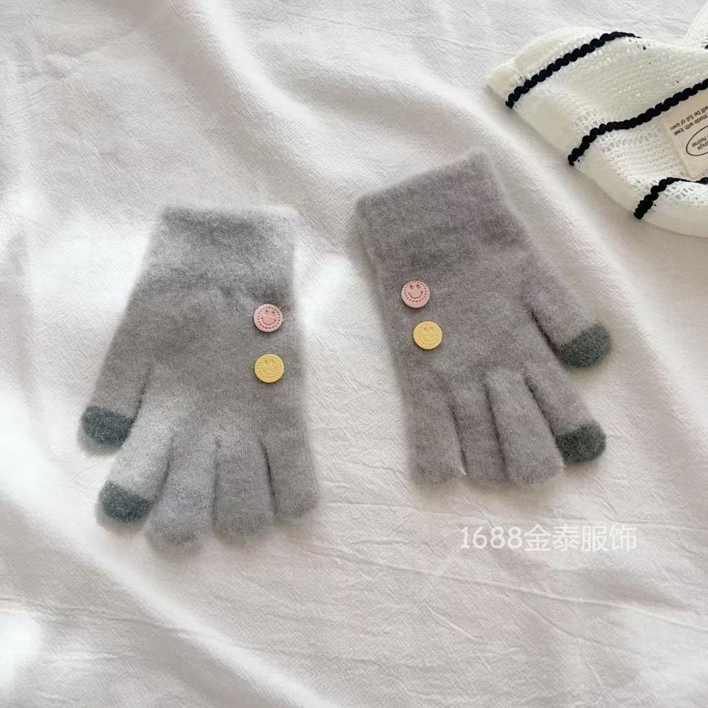 7-12 Year Old Children Button Five Fingers Warm Korean Version Smiley Face Baby Wool Boys and Girls Students Cold-proof Knitted Gloves