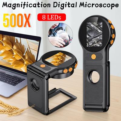 500X Portable Digital Folding Microscope Magnifier 2Inch IPS Screen Handheld Microscope Camera 8 Leds for Jewelry Watch Repair