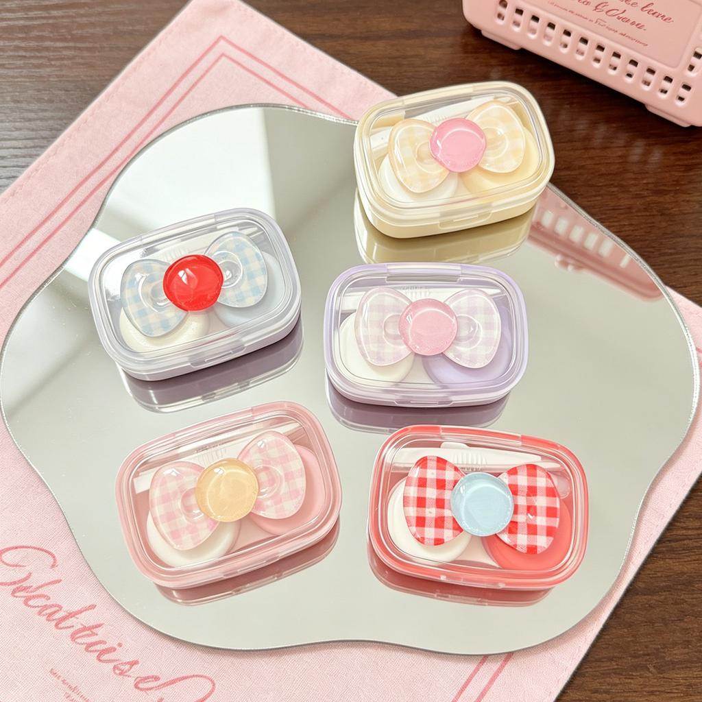 Kawaii Checkered Bow Decor Contact Lens Holder Multicolor Mini Portable Daily Lens Care Case