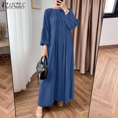 Women Casual Round Neck Elastic Cuff Sleeve Loose Long Dress