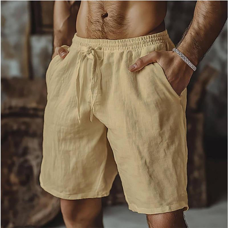 New cotton and linen shorts, drawstring elastic waist straight legs, solid color breathable daily beach five-point casual pants