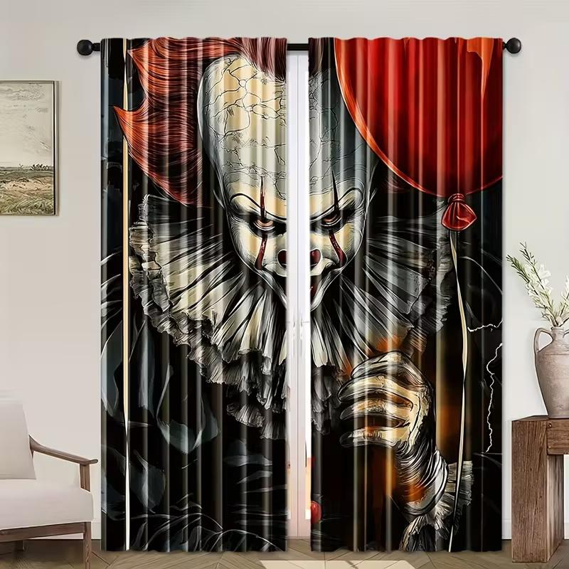 2 Pcs Evil clown print curtains,suitable for bedroom,living room kitchen decoration,home decoration,window decoration