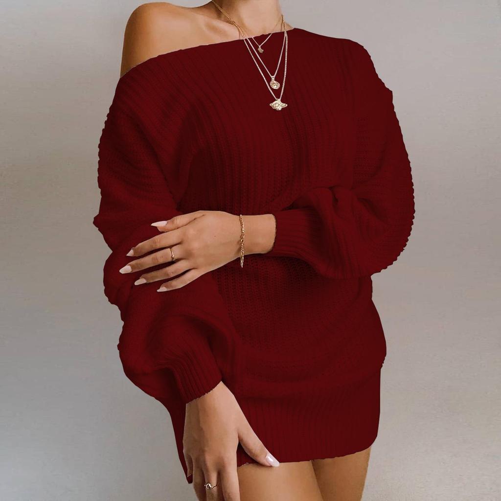 Women's Knit Off-Shoulder Lantern Sleeve Sweater Dress - Autumn/Winter 2025 Collection