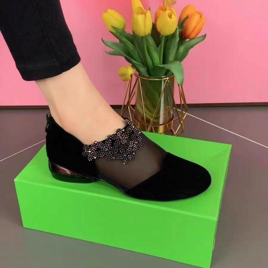 Baotou fritid blomst rhinestone stor størrelse rund tå matt damesko meshgarn lav hæl hul flat hæl enkeltsko