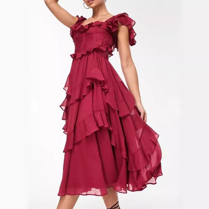 New dress vacation dress lace halter hollow cake skirt ruffle pleated dress
