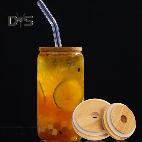 4 Stück Bambusdeckel mit Loch für Strohhalme, auslaufsicherer Deckel mit Silikondichtung, 7 cm Einmachdeckel, normale Öffnung, Ersatz-Bambusdeckel für Biergläser