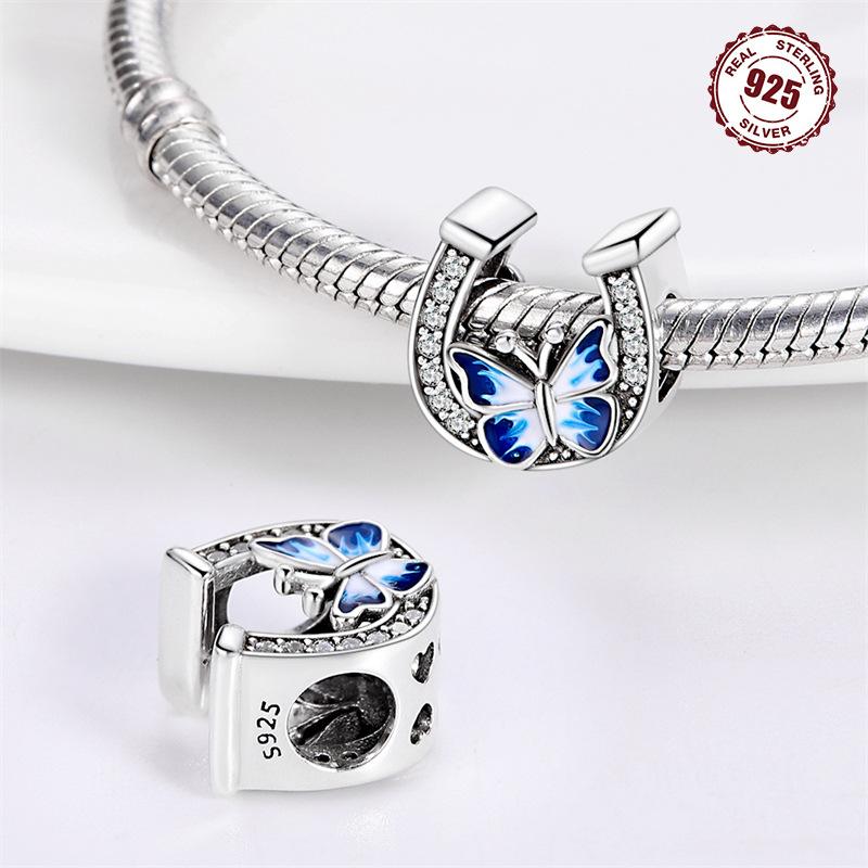 Original Copper Charms Luxury Horseshoe Blue Butterfly Pendant Beads Fit Bracelet Diy Women Making Delicate Gift