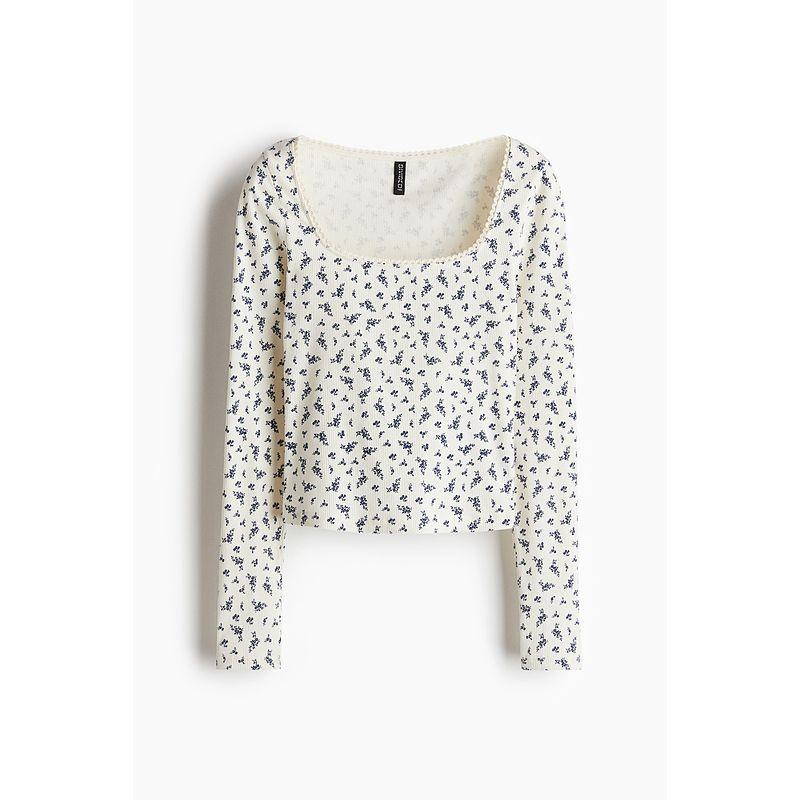 

HM Women s T-shirt Fall 2025 New Arrival French Square Collar Small Annulet Trim Rib Long Sleeve Short Top 1284134 Cream/Florals 155/76(XXS)