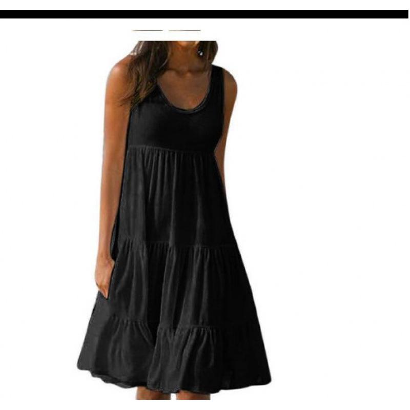 Women's Beach Dress: Sleeveless, Round Neck, Patchwork, Wide Hem, 7 Colors, 8 Sizes
