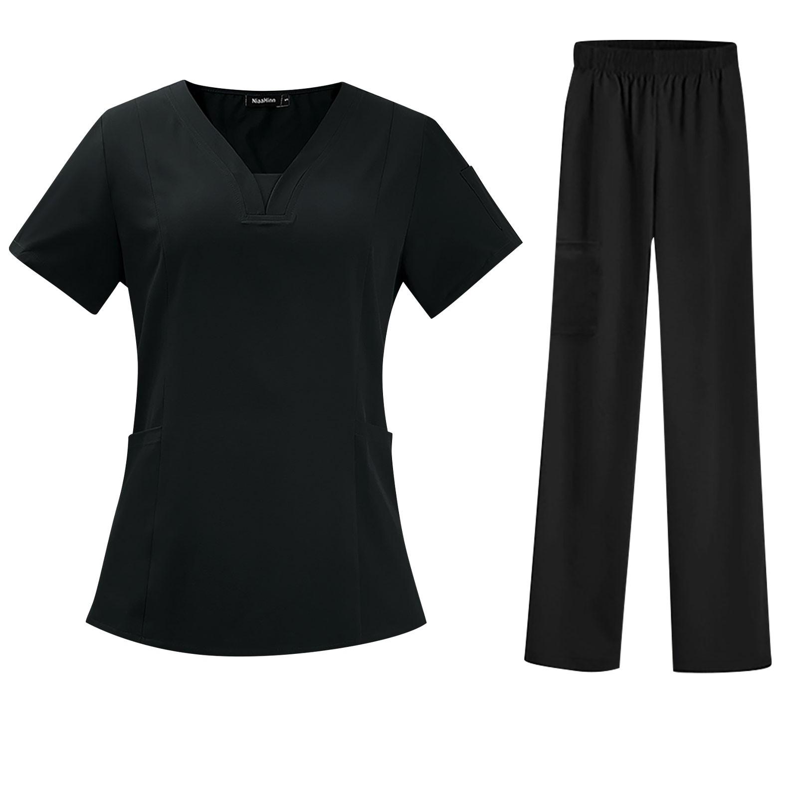 

Женский быстросохнущий однотонный комплект брюк с короткими рукавами и V-образным вырезом, рабочая одежда XL чёрный