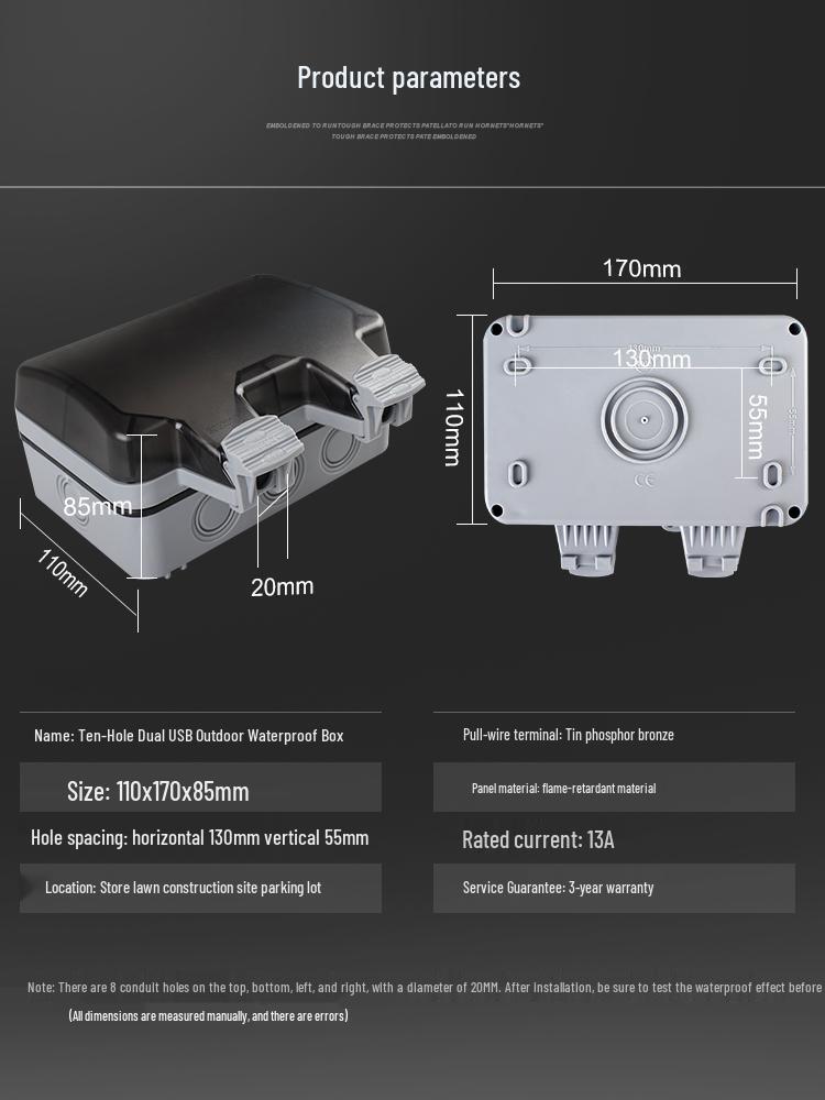 Outdoor Waterproof Dual Five-Hole Socket, Surface Mounted, Rainproof for Bathroom or Courtyard Use