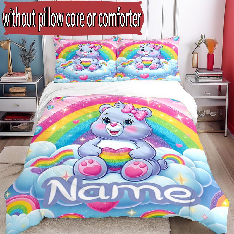 3'lü Nevresim Takımı (1*Nevresim Kılıfı + 2*Yastık Kılıfı, Çekirdeksiz), Kişiye Özel İsimli Care Bears Desenli Nevresim Takımı, Ev Yatak Odası Dekorasyon Hediyesi