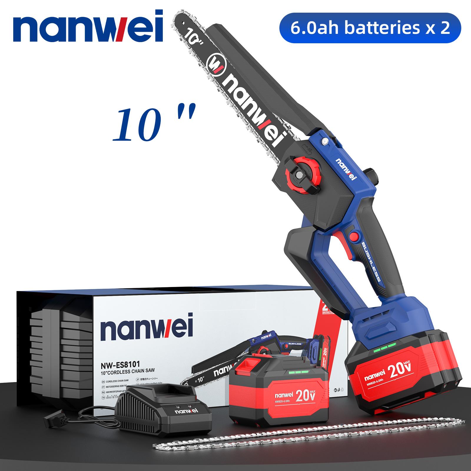 

NANWEI 10-дюймовая электрическая цепная пила 6500 об/мин, Скорость 9 м/с, Ручное нажатие no battery and charger