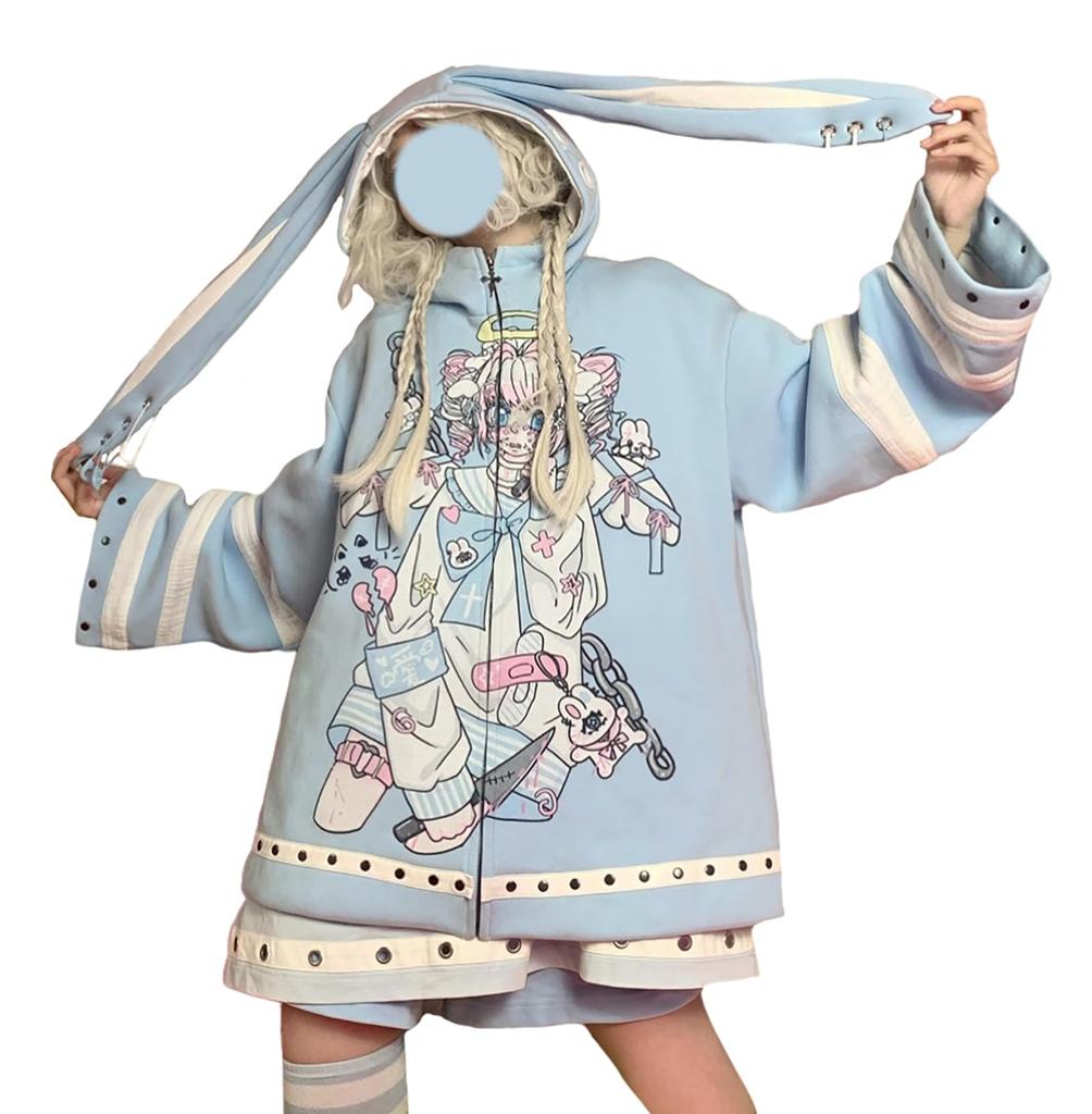 XHSUKADO Rabbit Ear Long Cute Color Angel Harajuku Shibuya Subculture Light Size L Women's Hoodie, Sleeve, Thick, Sweatshirt, Coat, Outerwear, Top,