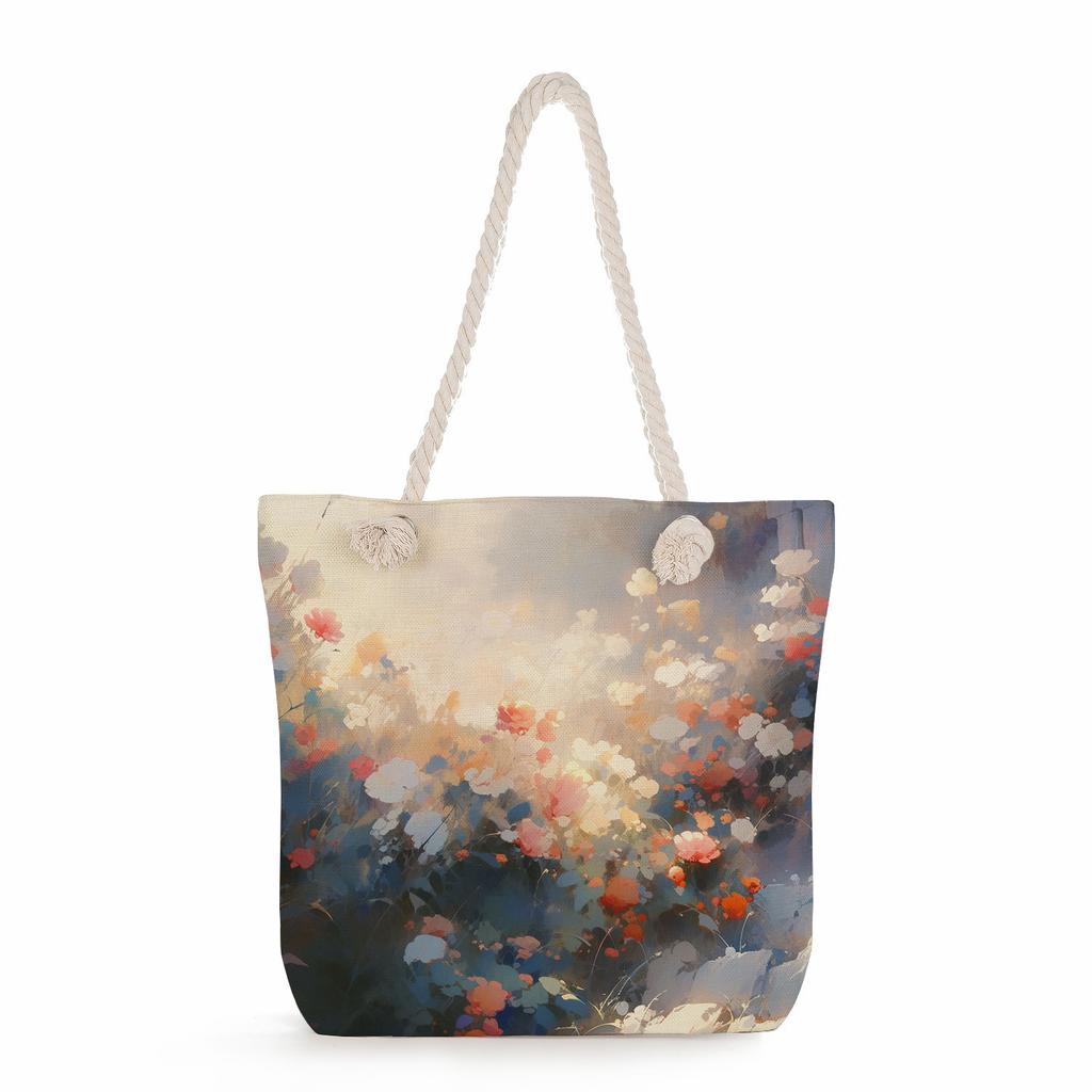 Multifunctional Oil painting flowers Printed Thick Rope Shoulder Beach Bag Casual large capacity handbag 0245