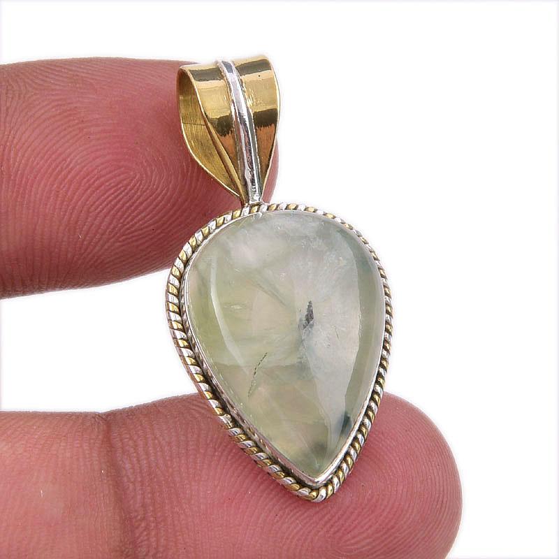 

Natural Prehnite Gemstone 925 Solid Sterling Silver Two Tone Pendant 1.25 U6N16