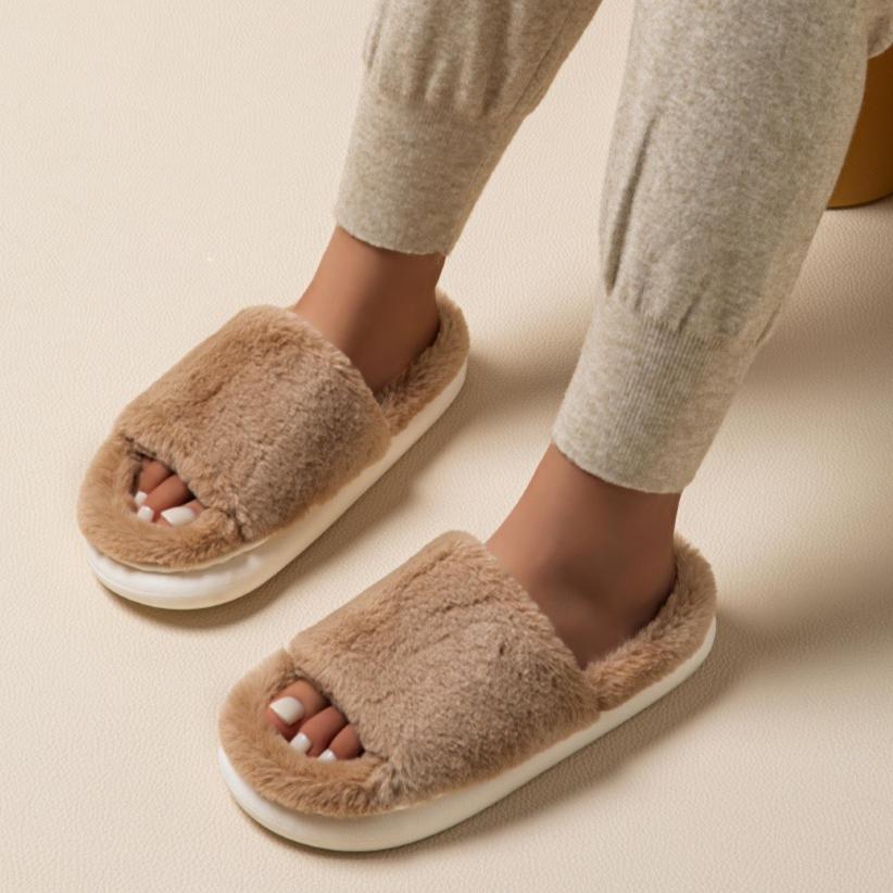 Gemütliche flauschige Hausschuhe aus Kunstfell, Einzelband, offene Zehenpartie, Plateau, Fuzzy-Schuhe, bequeme warme Hausschuhe: