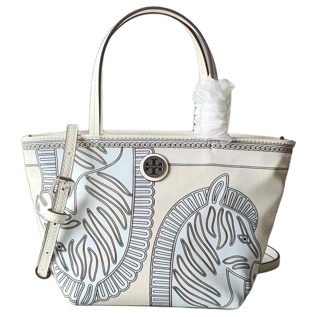 Tory Burch Zebra Print Design Fabric Tote Bag Women tote bags Glacier-Blue 169342-104 Basic Set (Bag+Dust Bag)
