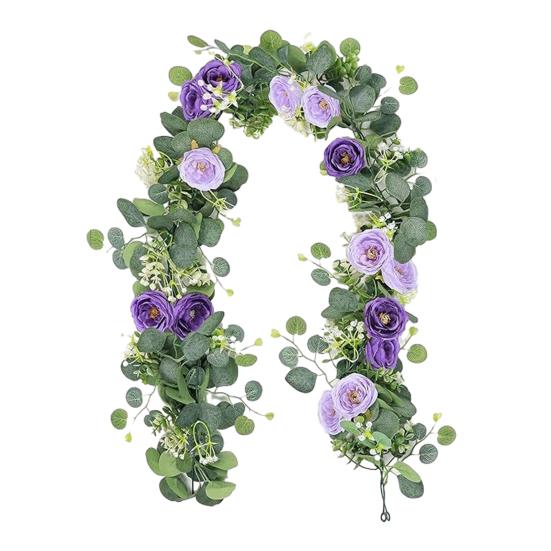 Artificial Eucalyptus Flower Garland with Rose Faux Floral Greenery Garland Fake Rose Flower Vine for Wedding Party Wall Backdrop Decor