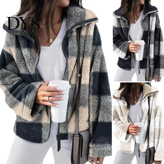 Soft Women Jacket Coat Lapel Long Sleeve Plaid Pattern Loose Fit Zipper Placket Double-Sided Plush Fabric