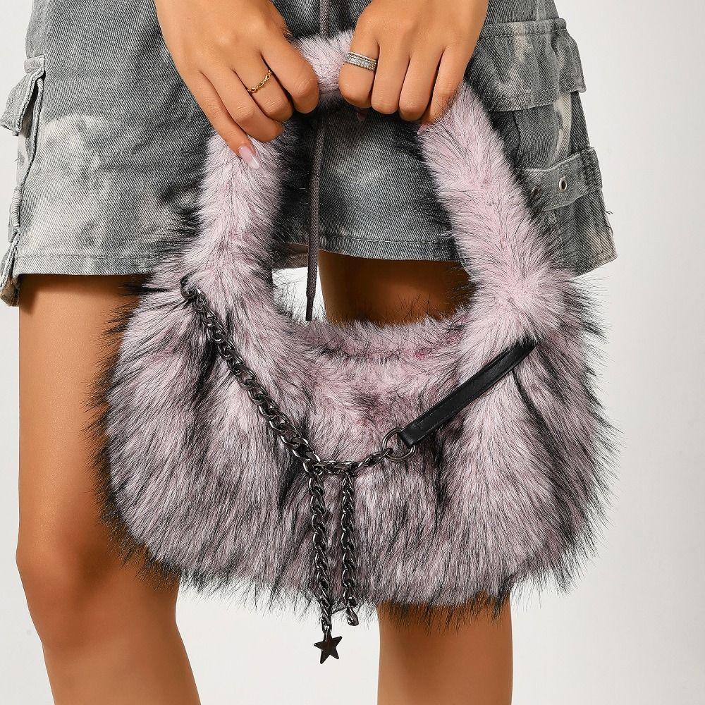 Portable Faux Fur Shoulder Bags Y2k Fluffy Tote Bag Portable Fluffy Hobo Bags Dating