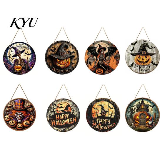 Vintage Witch And Bat Plaque Halloween Wooden Sign, Round Hanging Pendant with Lanyard, Retro Distressed Rustic Wall Decor Wood Skeleton/Pumpkin/Clown