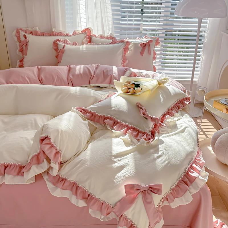 Korean Princess Style Bedding Set Girl Heart Solid Color Double Bed Sheets Washed Cotton Ruffled Bed Cover Skirt Sheet Quilt Set