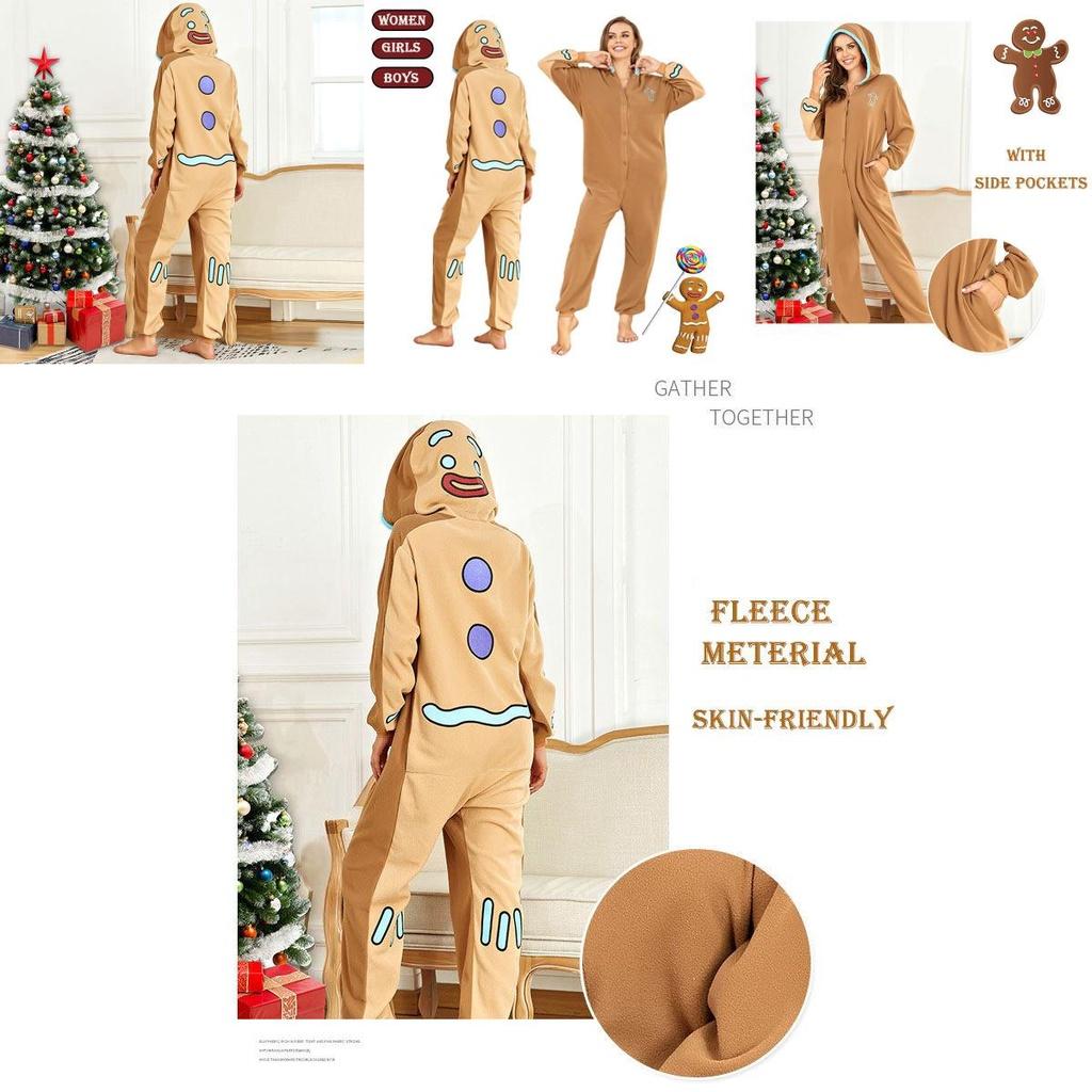 Gingerbread Man Hooded Pajamas Cosplay Costume For Women Boys Girls Xmas