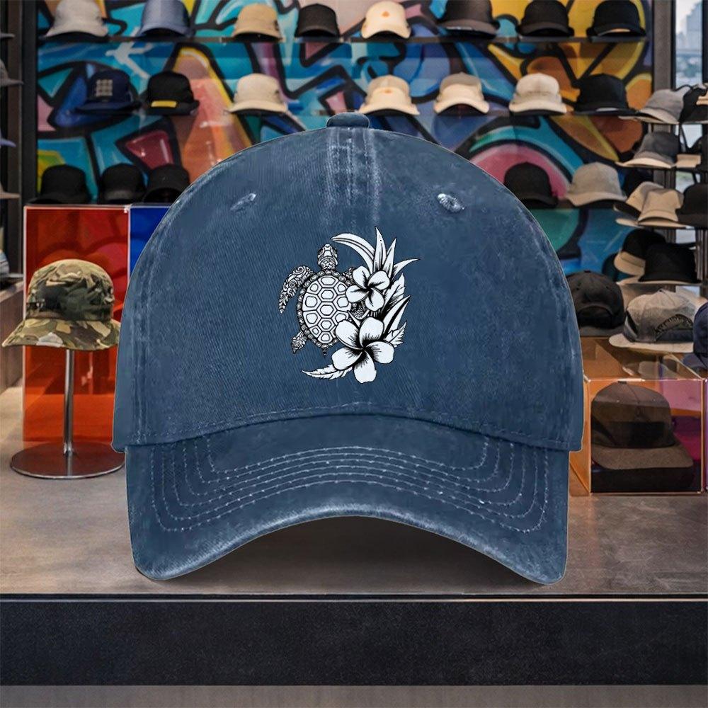 Sea Turtle Floral Washed Baseball Cap Adjustable Cotton Outdoor Casual Unisex Adult Hat