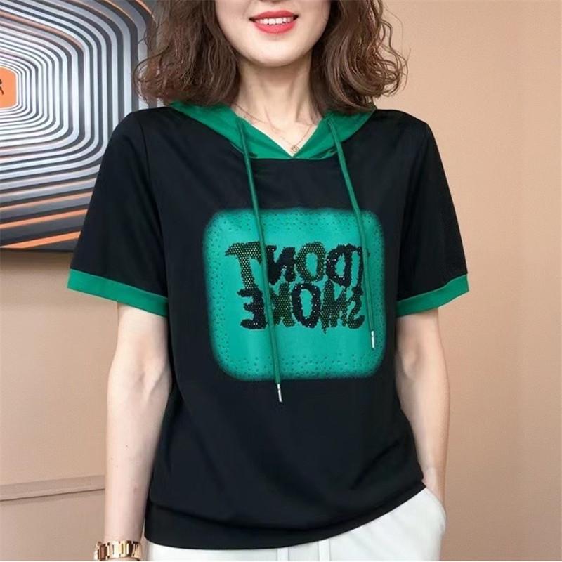 New Summer Hooded Short-sleeved T-shirt for Women with Versatile Temperament, Slim and Age-reducing Loose Letters and Diamond Top for Women