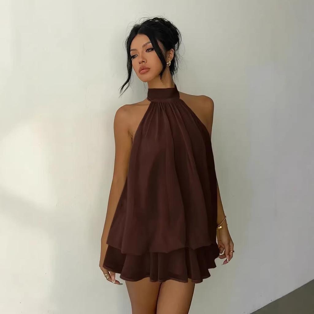 European and American New Solid Color Holiday Slim-fitting Sexy Backless Neck Waist Top Fluffy Short Skirt Dress Women